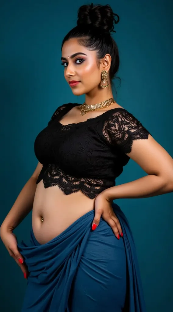 Busty dancer woman, wearing black lace half blouse and blue shade low hip saree, exposing curvy midriff and navel,thin gold navel chain,hair bun,,both hands in sexy dance pose away from hip,her face turning towards right side,eyeliners and eyelashes,thick ...