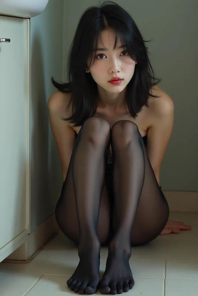 Asians wear black stockings，A pair of slender, straight legs close together，Lying in front of the sink，Pouting fat buttocks