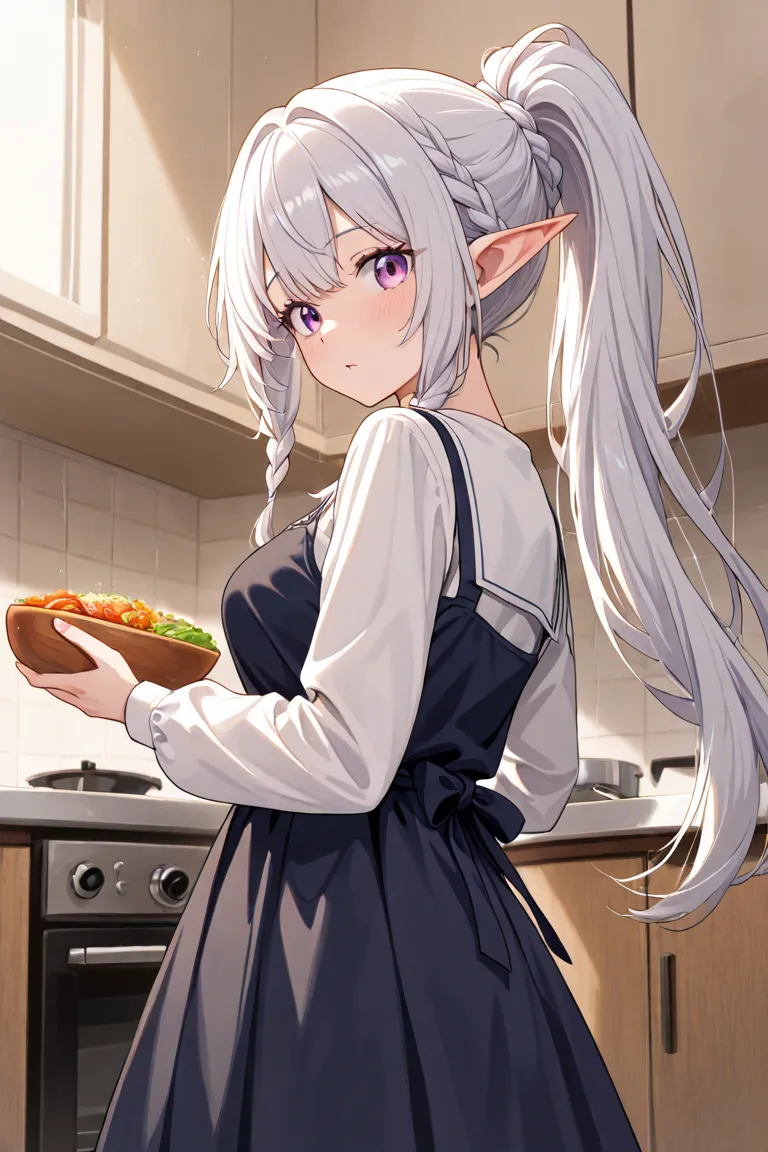 Anime girls: 

A dark elf with amethyst-colored skin and white hair tied back in braids. She wears a simple dress, like one might find on a commoner.She is shown to be well-endowed and curvaceous much like the others of her race. As with all elves like her...