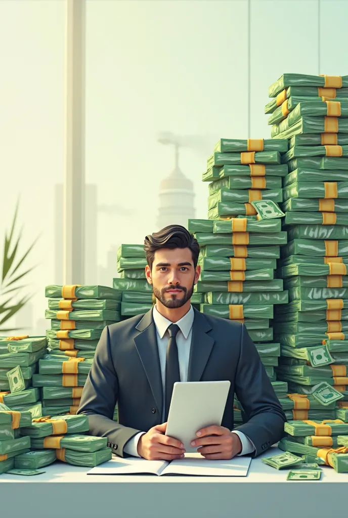 3D illustration of a businessman sitting at a desk, surrounded by stacks of money growing over time, digital art