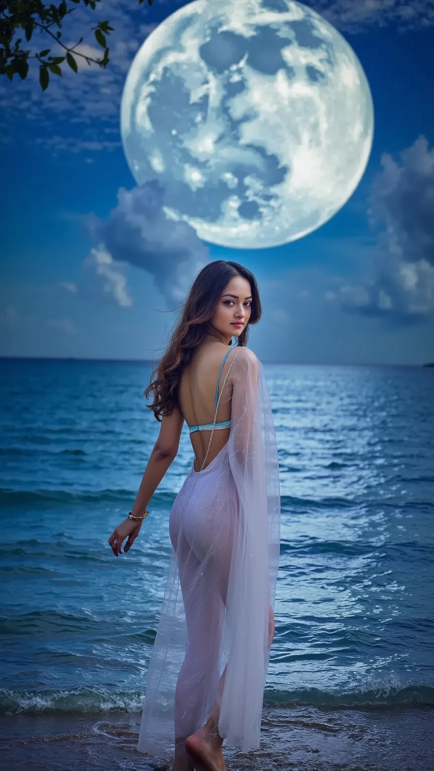 A mysterious woman, draped in translucent wet silk, strides barefoot across an endless ocean under a massive full moon. Each step creates ripples of glowing bioluminescent light, illuminating the water beneath her. Her long, damp hair flows like liquid sil...