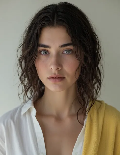 A hyper-realistic portrait of a young woman with wet, wavy dark hair, her eyes reflecting deep emotions with subtle tears still visible on her cheeks. She has fair skin with a soft natural glow, wearing a slightly unbuttoned white cotton shirt. A yellow to...