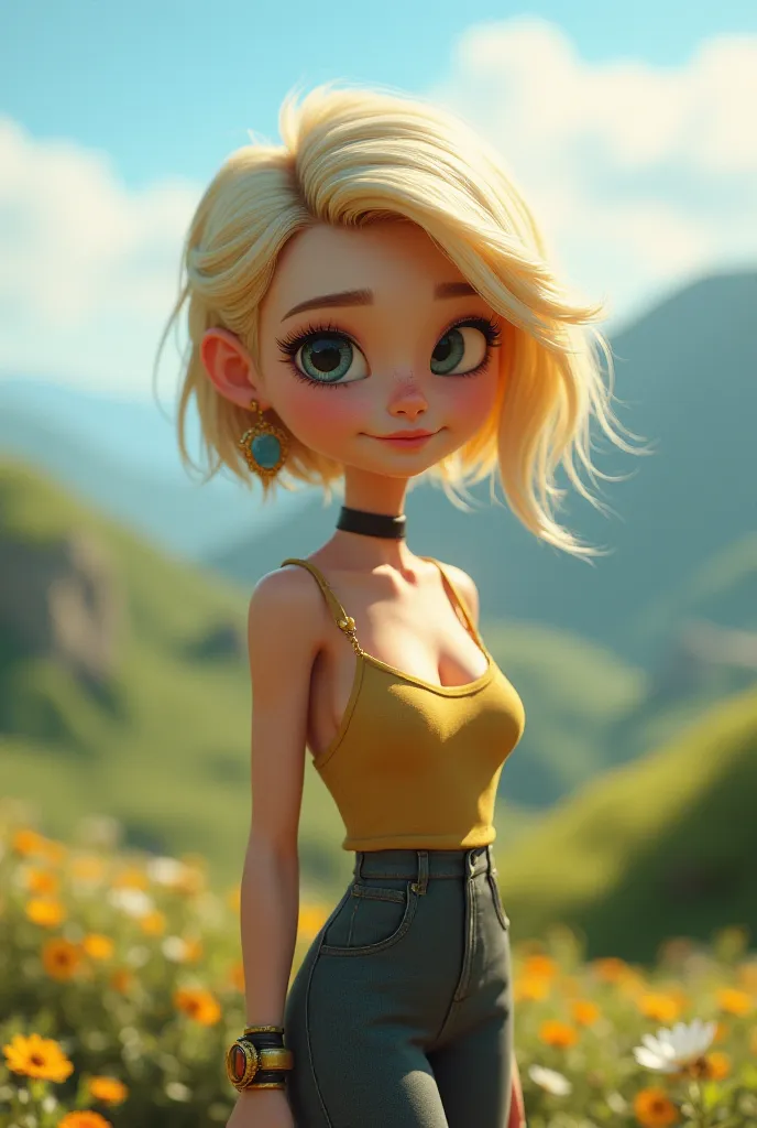 create an image of a minion woman beauty good quality background landscape beautiful hairstyle blonde minion beautiful figure