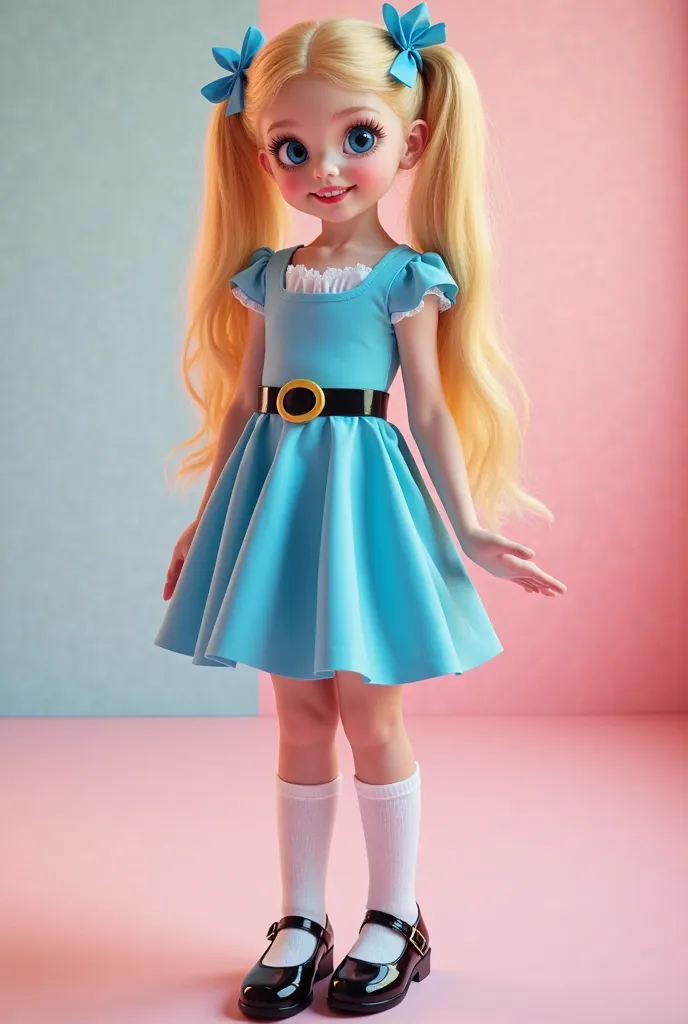 A stunning, hyper-realistic cosplay model of Bubbles (Lindinha) from The Powerpuff Girls, standing in a bright, pastel-themed photoshoot studio. She wears a perfectly tailored blue dress with a black belt, along with knee-high white socks and shiny black M...