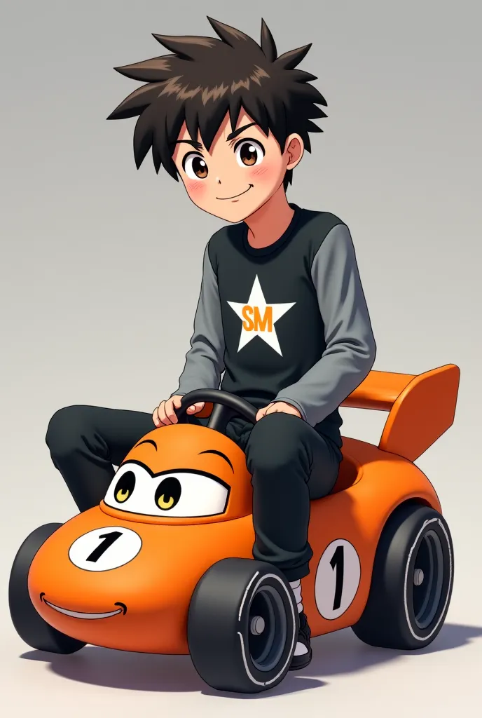 Frightened full-body Shinichi Sakurai wearing a black shirt with gray sleeves and a white star on the chest with the letters SM inside the star and black pants and shoes and sitting on a small orange racing car with eyes in the front window and with a smil...