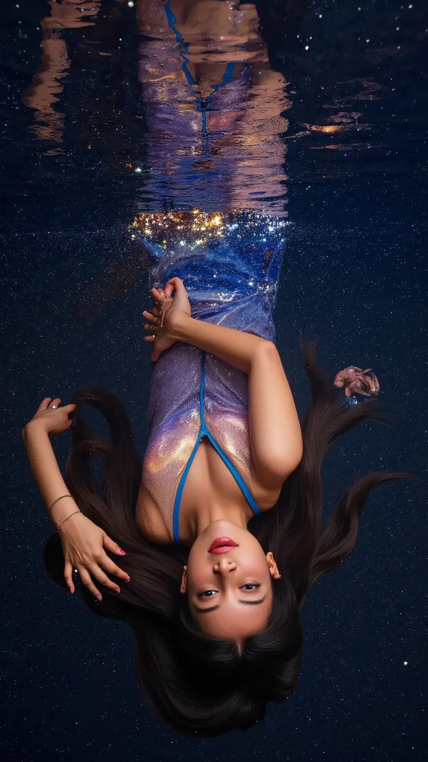 Suspended in a zero-gravity space ocean, a woman floats weightlessly, her long hair swirling around her like dark tendrils of smoke. Her skin is covered in glowing liquid, shimmering in colors that shift between deep cosmic blues and fiery golds. Below her...