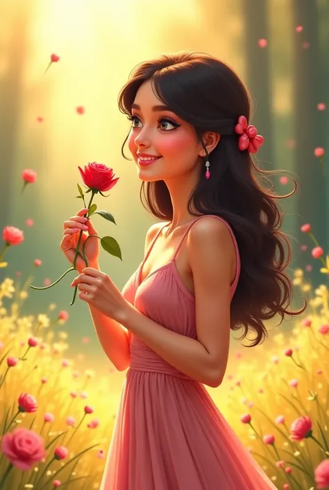 A stunning young woman, standing gracefully in a serene natural setting, gently holds a delicate rose in her hand. The soft breeze causes her hair to flow gently as she smiles, the rose symbolizing elegance and beauty. The lighting is warm and soft, castin...