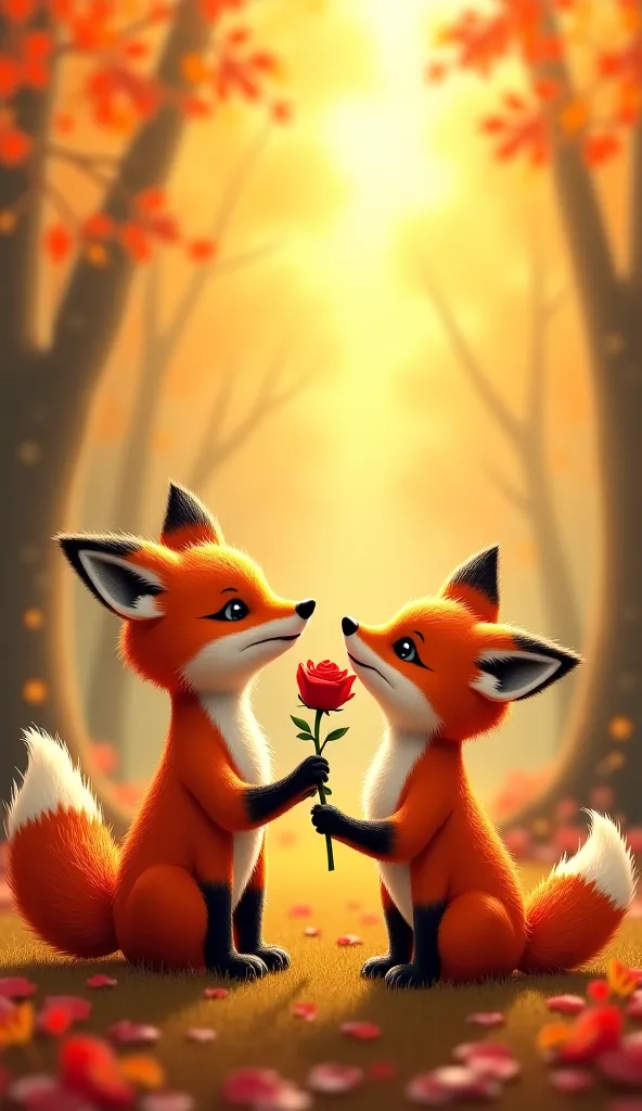 Enchanted Foxes : "A small male fox, with a loving look, holds a red rose and delivers it to a female fox, that seem thrilled. The background is a golden autumn forest, with colorful leaves hidden gently around."