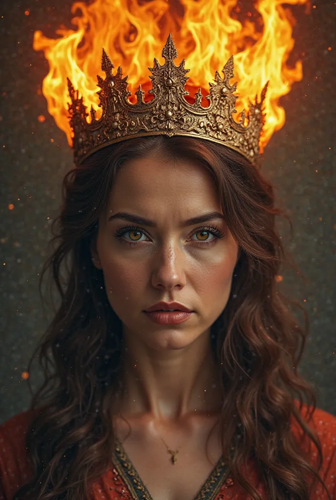 A European woman between 28 and 38 years old, with the energy of a sovereign queen, with a crown of fire,  Intense Look .