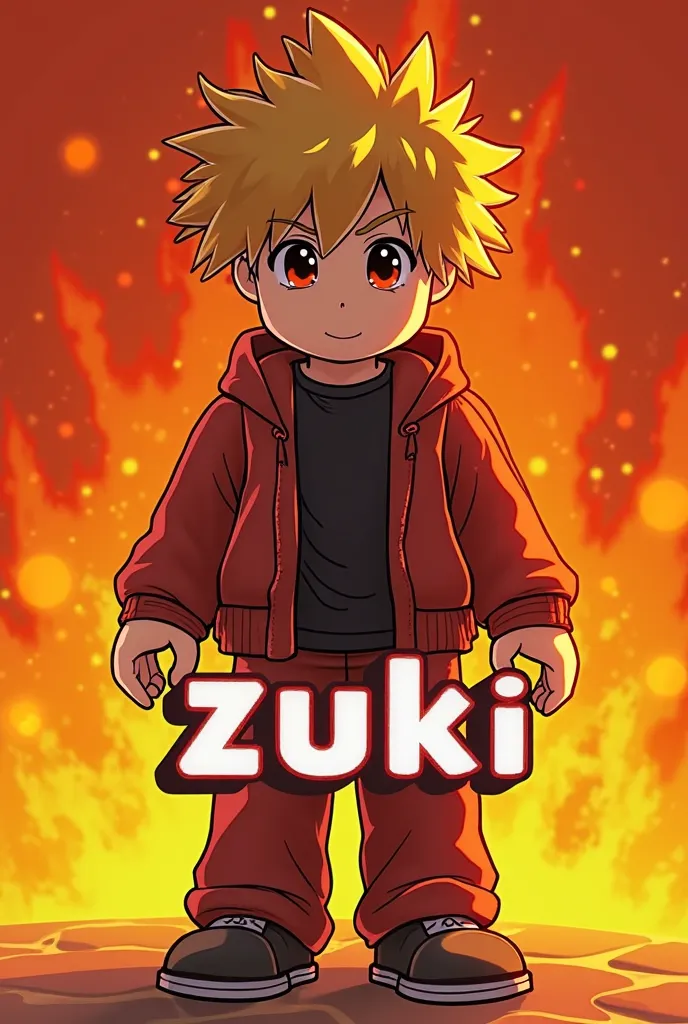 Make an anime roblox character inspire to "Bakugo Katsuki" from "My hero academia". Use orange and red gradient background with flame behind the character. The main title is "Zuki" with bold and 3d Text with highlight.