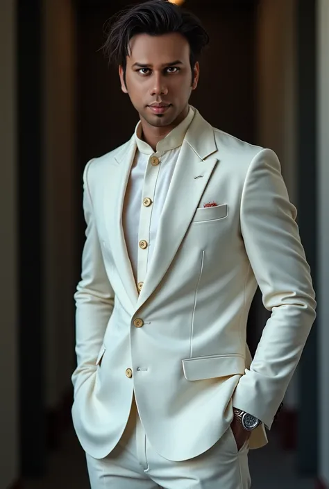 A charming, medium-built handsome man with piercing brown eyes and a captivating face stands in a sharply tailored suit white kurta, exuding refined style. His dark, windswept hair and soft, directional lighting accentuate his captivating features and the ...