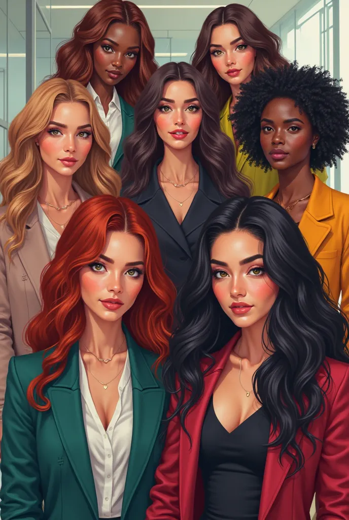 8 women, 20 year old female lawyers, all different, with different colored clothes and hair