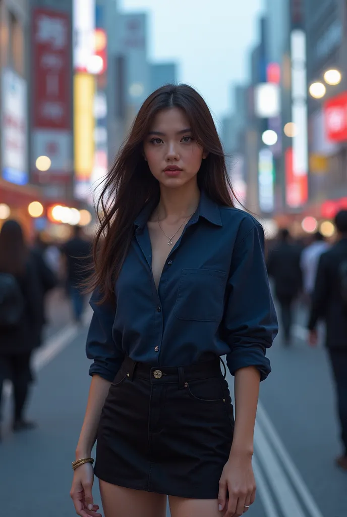 masterpiece、slurp、single cabin、 photos、realistic、  1 female、A dark blue shirt and a black micro skirt too short、  Facial details  、very long hair、 by the garnet、beautiful eyes、 in a crowd 、I'm standing near the intersection of Shibuya Station。