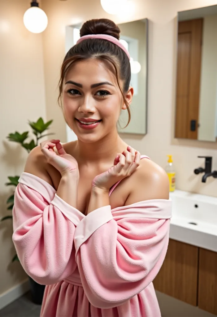 Portrait of a plump busty woman posing in a bathroom. She is wearing a strapless white dress with a heart-shaped neckline and thin straps. Her hair is styled in loose curls and she is wearing minimal makeup. She has a wide smiling expression on her face an...