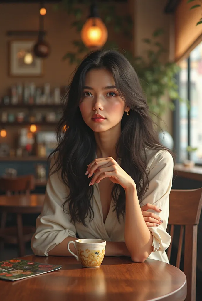 adult girl "Elena Carter", realistic vietnam girl, in a coffee shop, she watching away, beautiful background, fully body,good detail, realistic