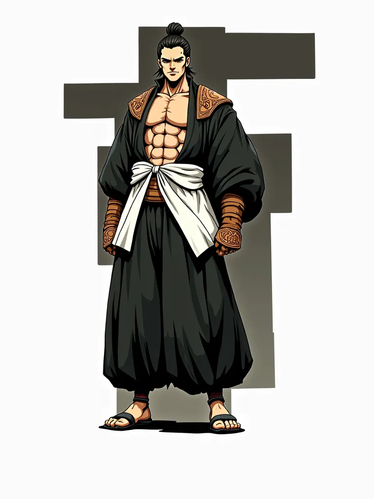 anime style, Tall and athletic man , brown skin, creepy black hair tied, Wide Face, Shihakusho preto, A gourd around the waist, brown samurai gloves and shoulder pads,