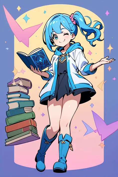 Blue Hair　side ponytail　pretty girl　 full body image　Wizard　Modern fantasy style　 -length short jacket　miniskirt　smile　grimoire　A book comes to mind 　pretty girl一人　Top Quality　Right facing　boots　style that makes fun of your feet