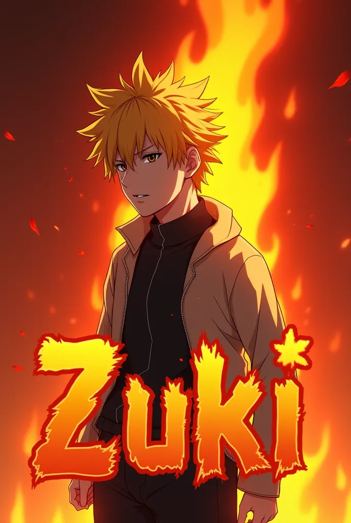 Make an anime character inspire to "Bakugo Katsuki" from "My hero academia". Use orange and red gradient background with flame behind the character. The main title is "Zuki" with bold and 3d Text with highlight.