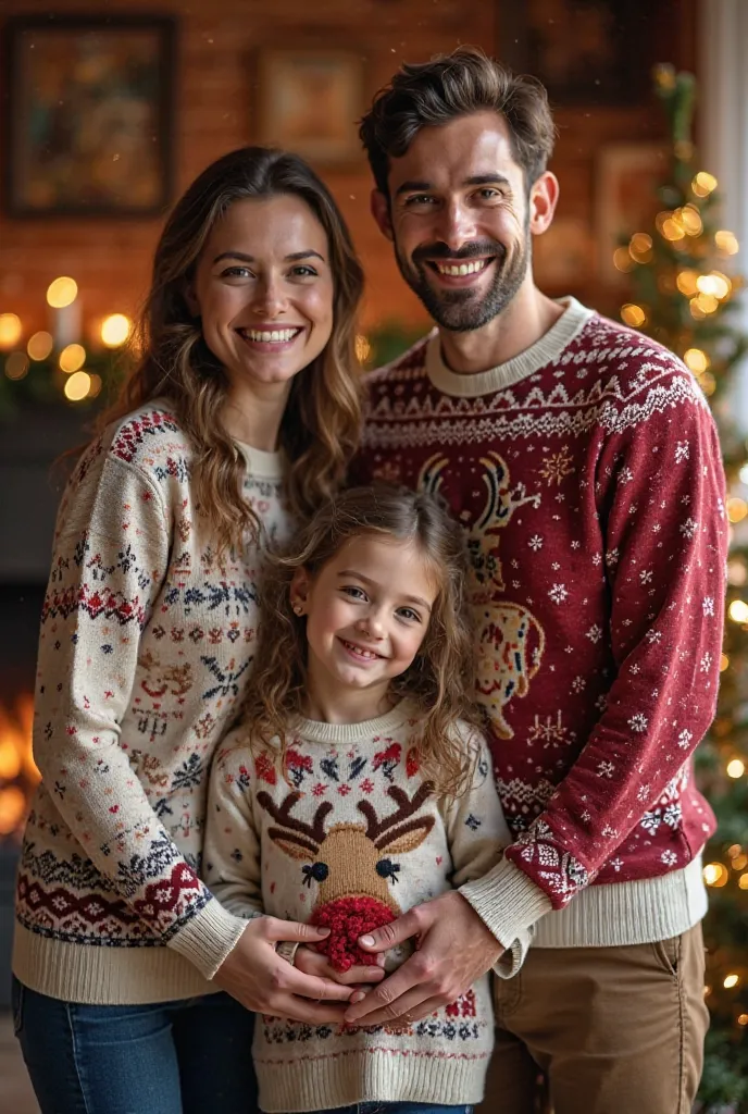 Photo of 3 people, wife husband and girl.23 year old wife in a Christmas sweater with reindeer changes.  girl in a sweater with a picture of deer. 23 year old husband wearing a reindeer sweater 