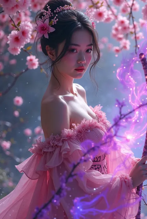 masterpiece, 8k, 1 Japanese girl - key lighting, dress, detailed face, off shoulder, dynamic move with detailed steampunk thrones clothing in a dynamic seductive position, Realistic, HD, surrounded by a swirl of cherry blossoms and mystical energy She hold...