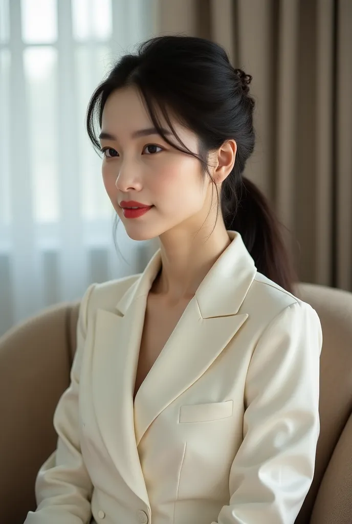 Asian woman wears a light tuxedo at home，A long hairplate at the back of the head，A few strands of hair hang down from the sideburns，reveals a white, slender neck，Delicate facial features Slightly sprinkled，sitting on the couch，Tranquil and elegant，The old...