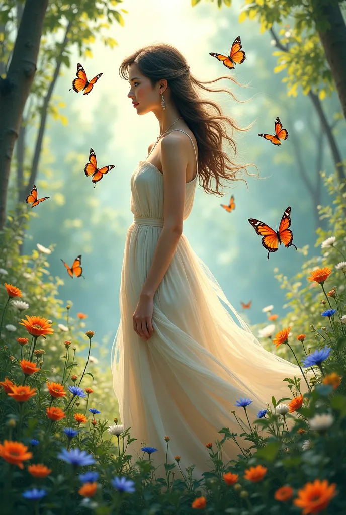 One beautiful girl stand in a beautiful environment and their around us beautiful Butterflies 