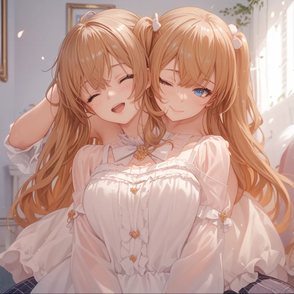 anime girl with long hair and blue eyes hugging another girl, twohead beautifu anime girls, anime girls, twintails, anime moe artstyle, kawacy, anime style 4 k, smooth anime cg art, high quality anime artstyle, girls frontline style, high detailed official...