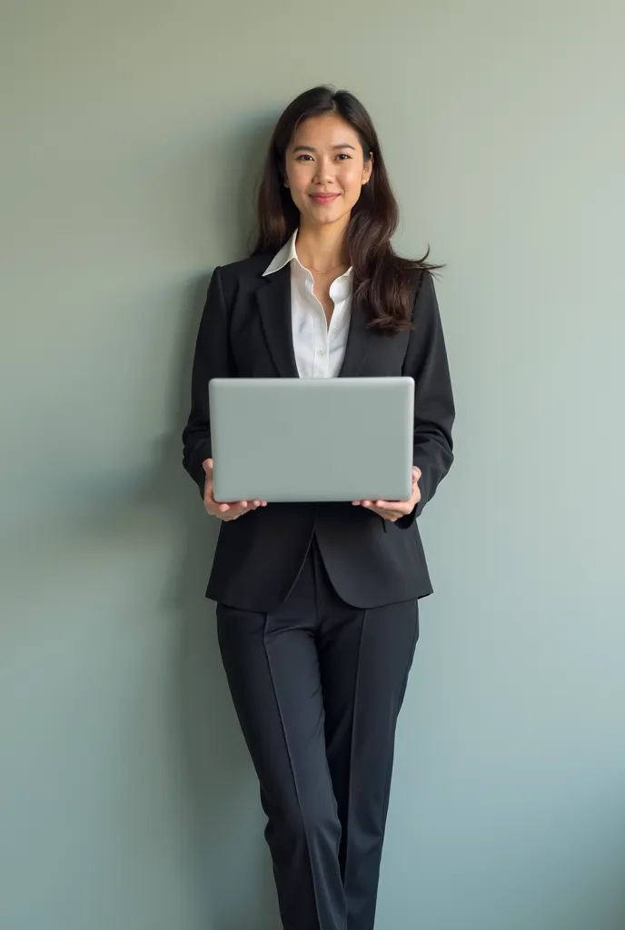  A woman, leader,  smiling shirt, avec un air d'assurance, backed entirely against a wall, tenant un laptop ouvert dans ses mains, dressed professionally