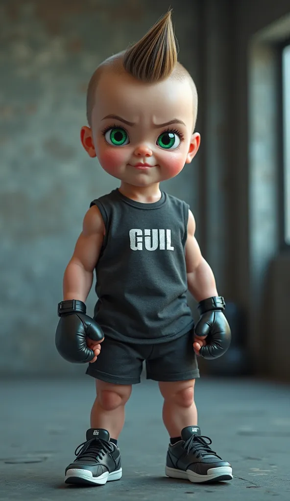 A hyper-realistic 4K digital image of a strong and confident Galician baby standing in a modern gym environment. The baby has one eye vibrant green and the other deep blue, creating a striking and unique appearance. They have a sharp, well-groomed haircut ...