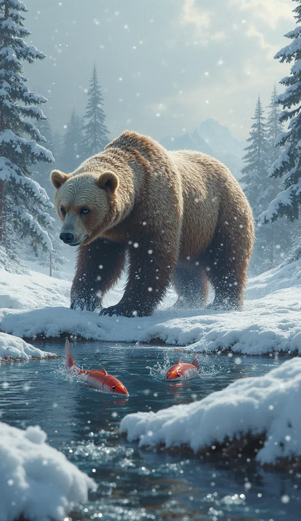 snow , a bear hunting a salmon,