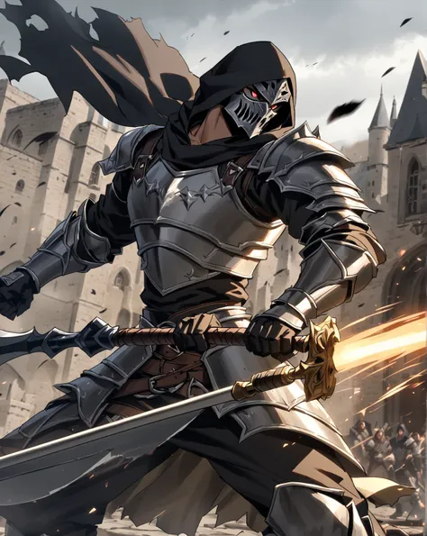 Guerrier medieval European fantasy, (Alone), Athletic features, 28 ans,  brown hair,   short hair, yeux gris, armure noir, black hood, muscle, regard sinistre, plan mi-large, Mower weapon, regarder au loin, light armor,  full armor , reaper style,  In figh...