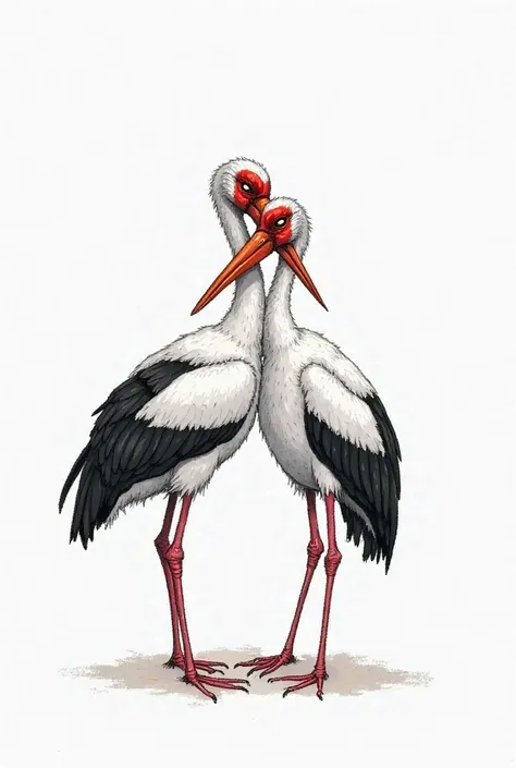 Drawing of two storks, a black stork and a white stork hugging each other, What can be seen as a drawing, In other words, you can't see that it's realistic on a clean white background to keep in mind that the black stork has a white breast and a red color ...