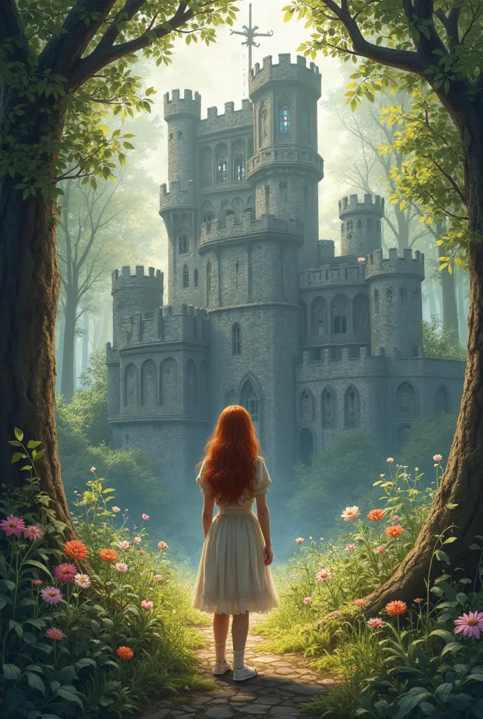 girl standing in front of a castle in the forest 