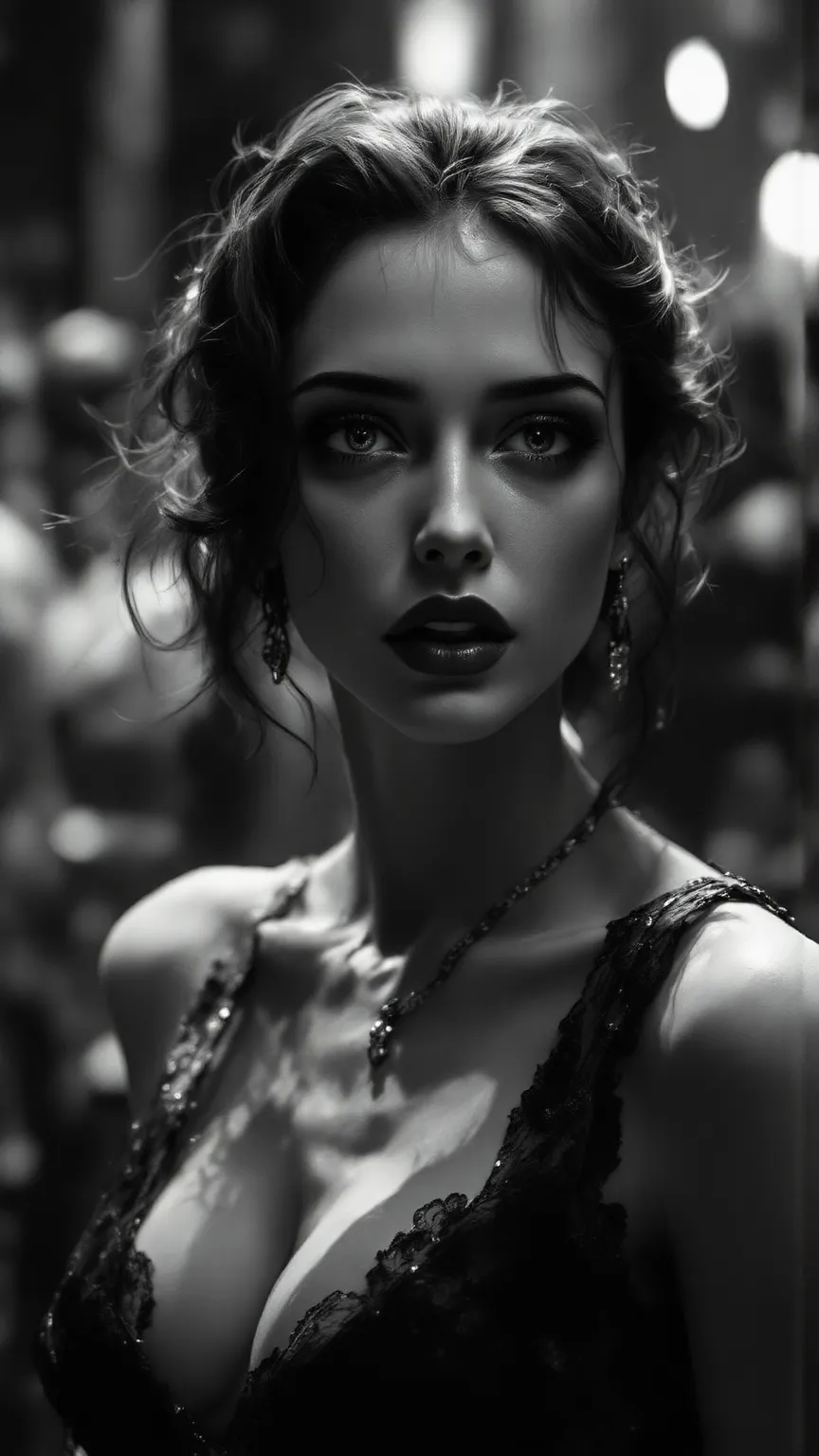 8k, Masterpiece, Top Quality, Close-up, slightly low-angle, A cinematic 1930s style black and white photo of 1930s housewife in here 20s, gorgeous face, petite, slim and skinny body, black revealing lace dress, cinematic hollywood lighting, black and white...