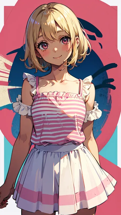 anime, blue sky、 everyday wear、Beautiful Young Brother Like Woman with Short Blonde Bob Curly Hair、Dark brown skin、Sunburn marks、smile、dark brown big eyes、(pink+ red)striped camisole、white skirt、Don&#39;t show your breasts、park full of flowers、butterfly々、F...