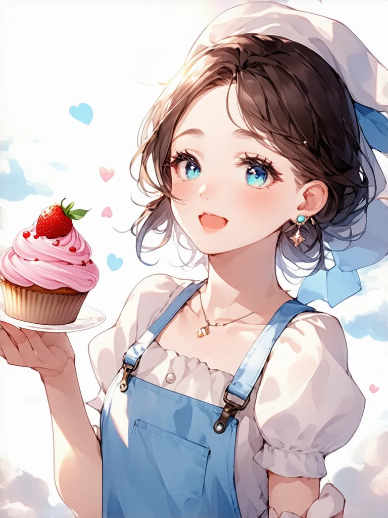 A sweet beautiful girl with a European appearance, a baker, holds a cute cupcake with beautiful blue eyes and a cake with beautiful blue eyes and long eyelashes jumps and sends kisses to the sun and clouds  , you need to add the text -15% 