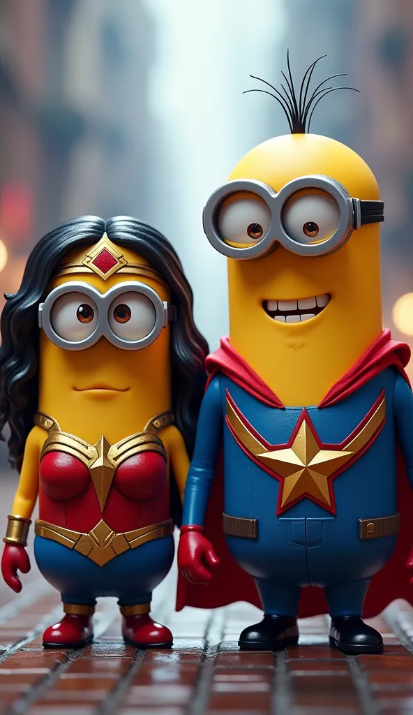 "Two Minions stylized as superheroes, one inspired by Wonder Woman and the other by Captain Marvel, but both keeping their skin