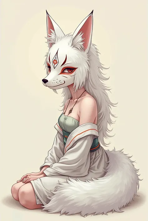 Fox Mask, white fox girl, smile,  
masterpiece, best quality, newest, ai-generated, flat illustration, ukiyo-e, pictogram,
off-shoulder, knee, sitting, from side, Hatsune Miku,