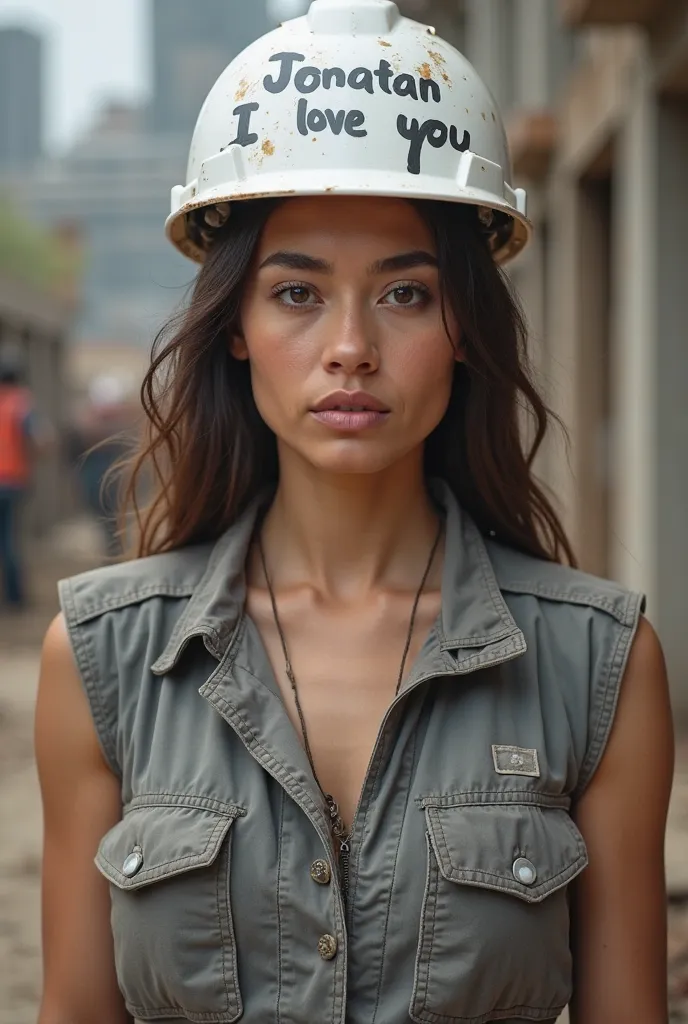 Woman with gray vest white construction helmet and name on the helmet "Jonatan I love you"