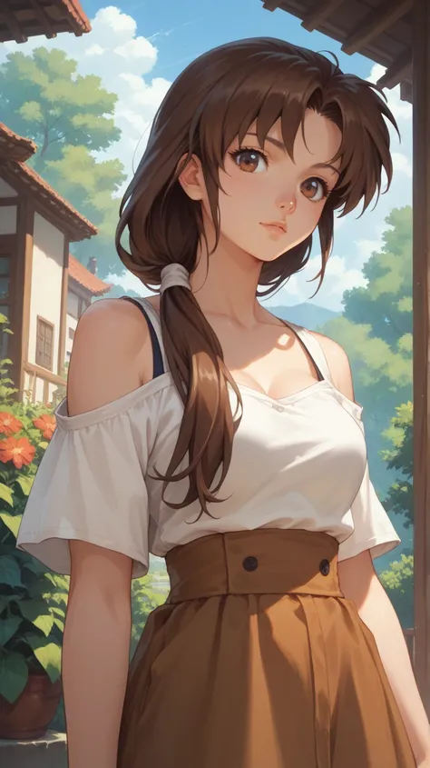 aakasumi , long hair, brown hair, low ponytail, hair over shoulder, brown eyes, medium breasts, 90s Anime Style Art