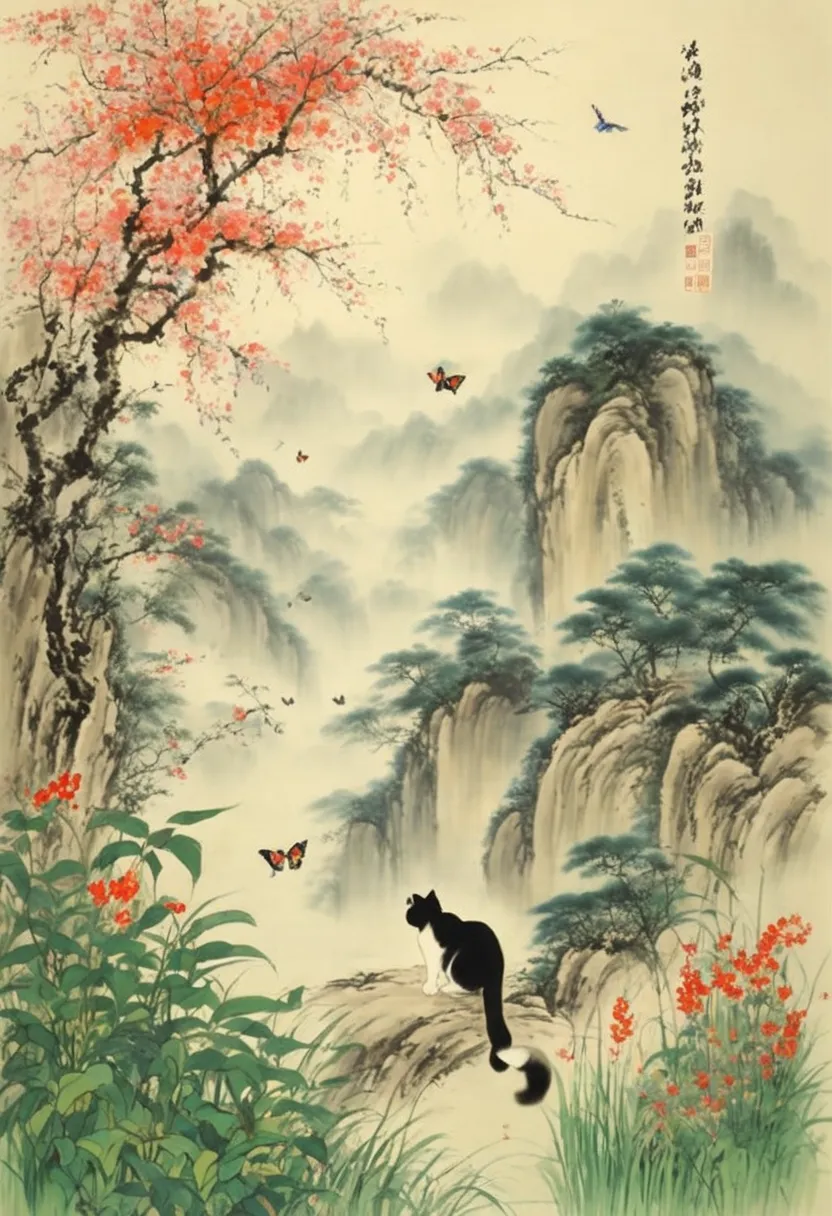 Exquisite painting by 。Picture of a cat watching a butterfly in a field, Miao Fu, Dai Xi , ,  by Ju Liang ,  by Xia Shuwen ,  by Li Meixiu , Qiu Ying,  by Guy Qi , Luo Guang ,  by Qian Du , By Li Shan ,  by Xie Sichen , by Li Kesen