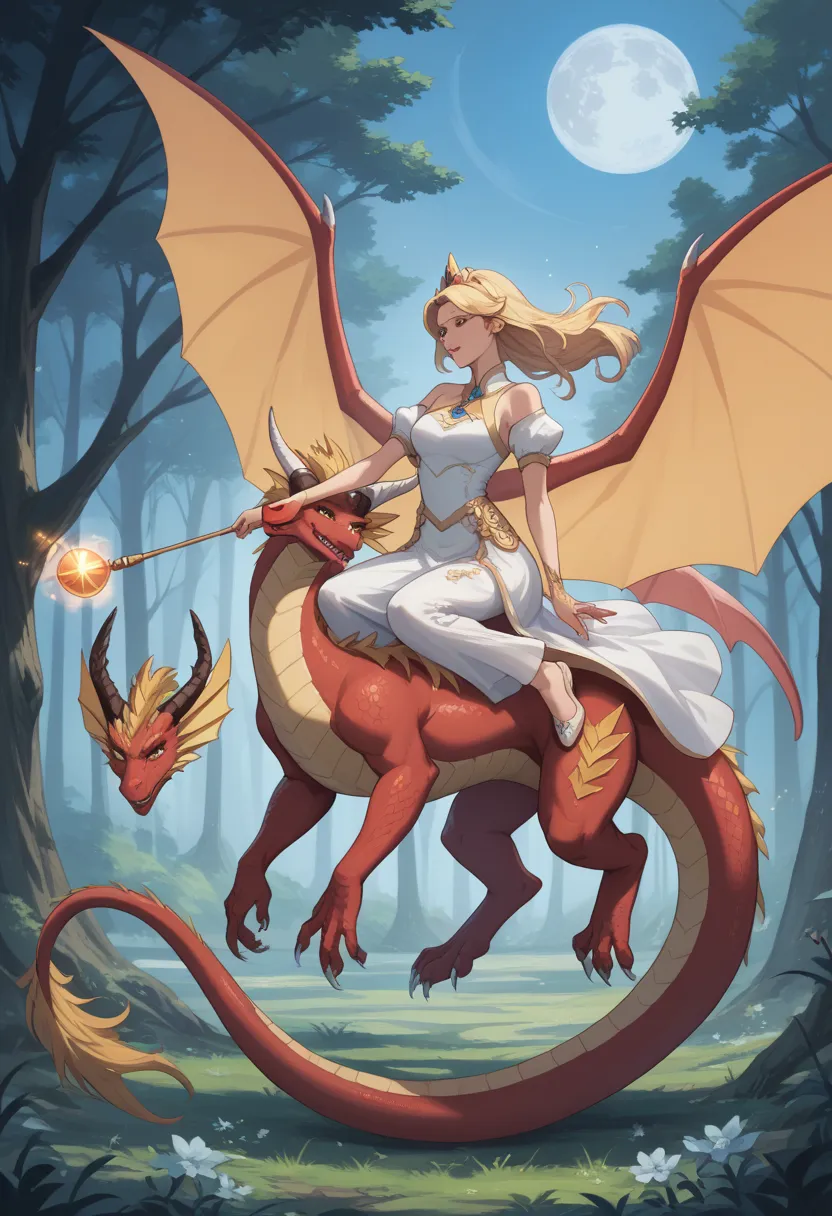 Princess (blonde hair, wearing a long dress, holding a magic wand), background (forest, moon), Chinese dragon (one, five-clawed golden dragon, two wings), princess riding a dragon  