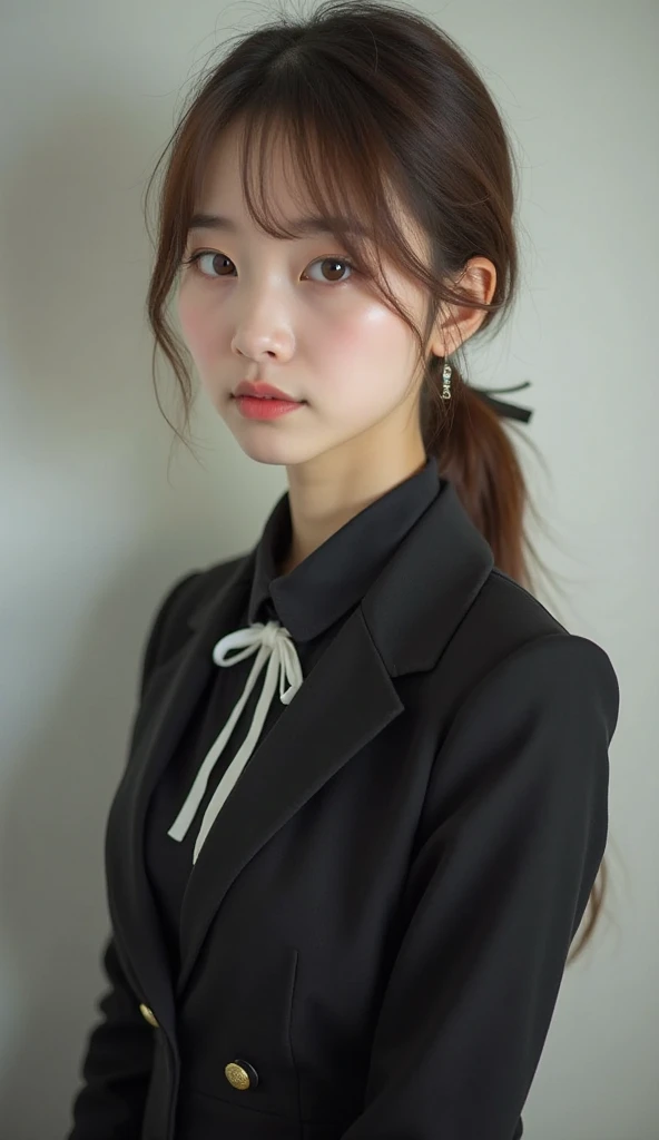 Like a Korean, 156 cm tall ,  weight 45 kg, white skin, big round eyes, below long eyelids, long double eyelids, Double eyelids ,  brown eyes, light green eyes, Light eyebrows, round nose, a pale smile, brown hair, weakly split bangs, Bifurcated low bun, r...