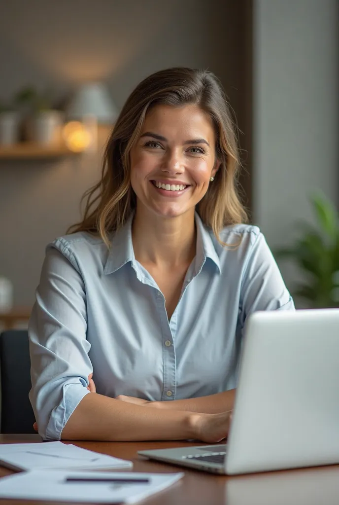  A woman, leader,  smiling shirt, avec un air d'assurance, assise devant son bureau, An open laptop, dressed professionally.