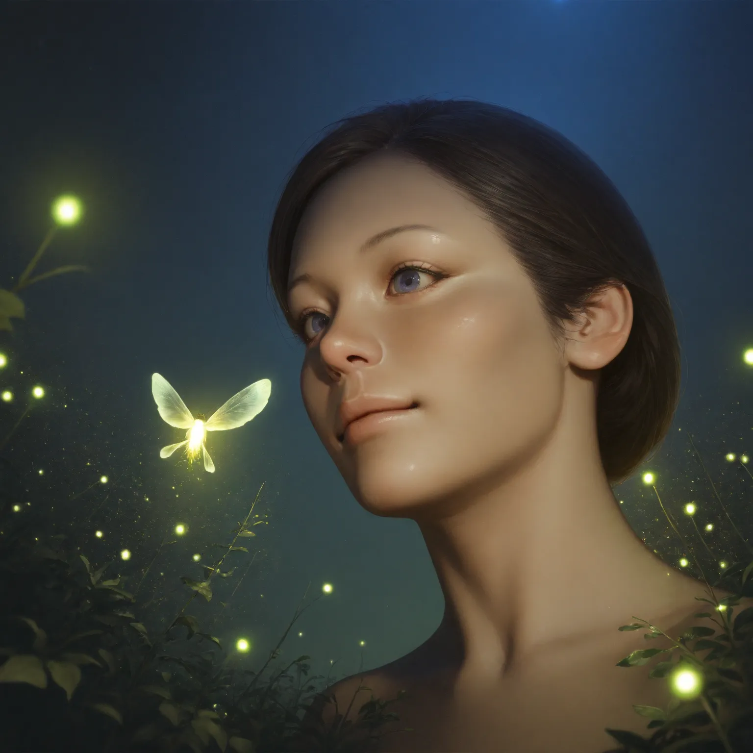 (8k,  Premium , 걸작: 1.2), ( realistic, photo realistic: 1.37), Details , A girl, Wide angle, Firefly Garden , Lots of small, dim lights and fireflies are flying, night