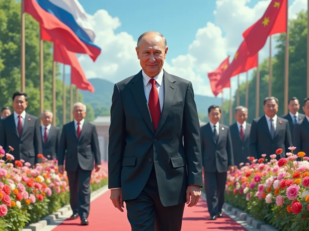 "The President of Russia walks confidently along a dirt path, his face showing a mysterious and slightly sinister smile. He wears a dark suit with a red tie, his hands clasped behind his back. Behind him, all the previous presidents of Russia stand in a ro...