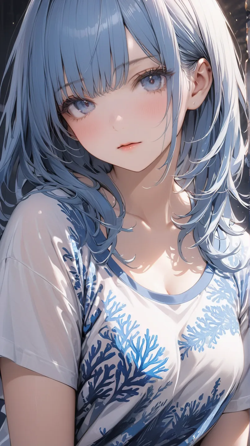 8K resolution, masterpiece, master work, perfect proportion, semi-realistic, 1 woman, mad blue hair, small breasts, breasts apart:1.2, cleavage:1.2, extreme close-up:1.2, Coral pattern oversized T-shirt, no face, only breasts, 