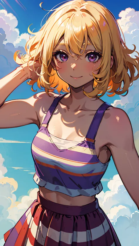 anime, blue sky、 everyday wear、beautiful young brother with blond short bob like a woman with curly hair、Dark brown skin、Sunburn marks、smile、dark brown big eyes、( red+Purple)striped camisole、white skirt、Don&#39;t show your breasts、park full of flowers、butt...