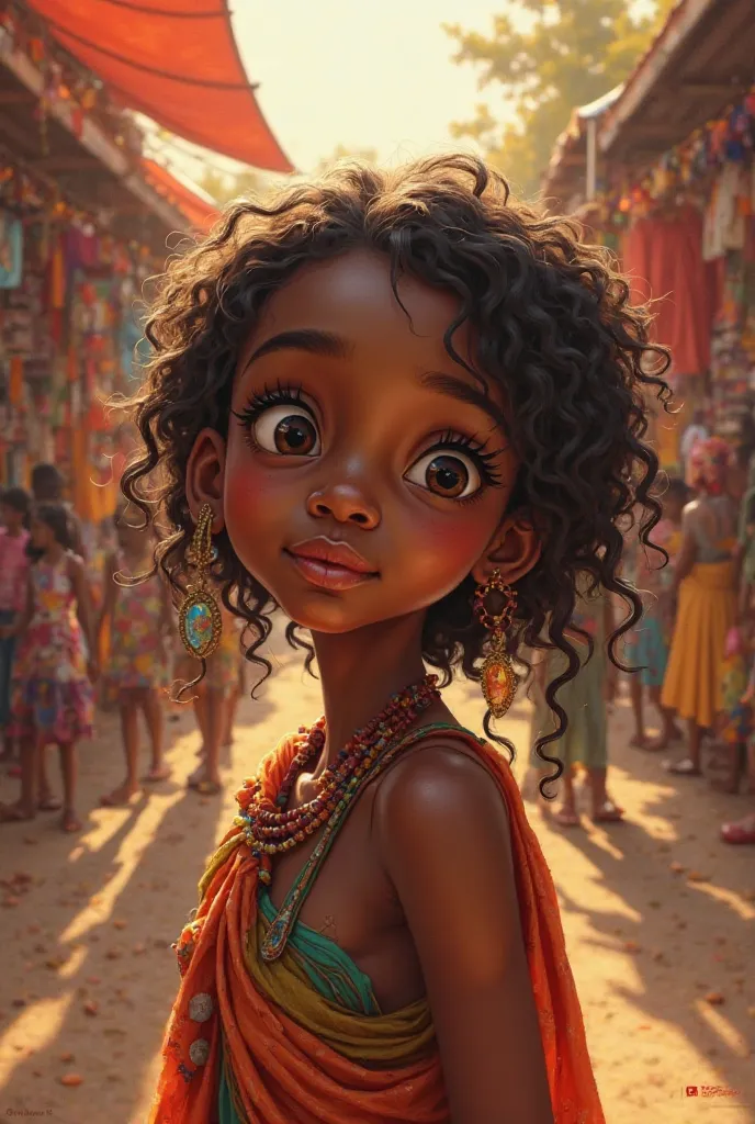 A painting of a black girl amidst a vibrant, bustling marketplace in a faraway land. The subject has warm brown skin that catches the light of the setting sun. Their almond-shaped, deep brown eyes are wide with curiosity as they observe the scene. A gentle...