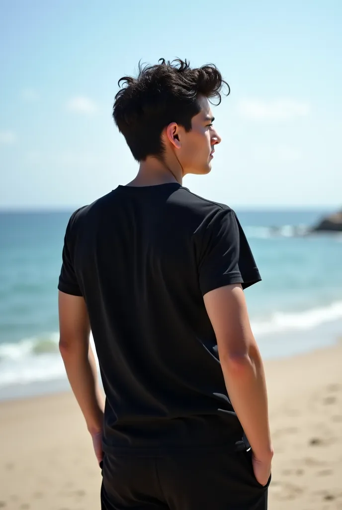  a 22-year-old boy , sexy, muscular, BACKGROUND DRESSED IN BLACK, He is on his back watching the beach, his wavy black hair is ruffled by the sea breeze, The boy stands on his back watching the beautiful view of the sea